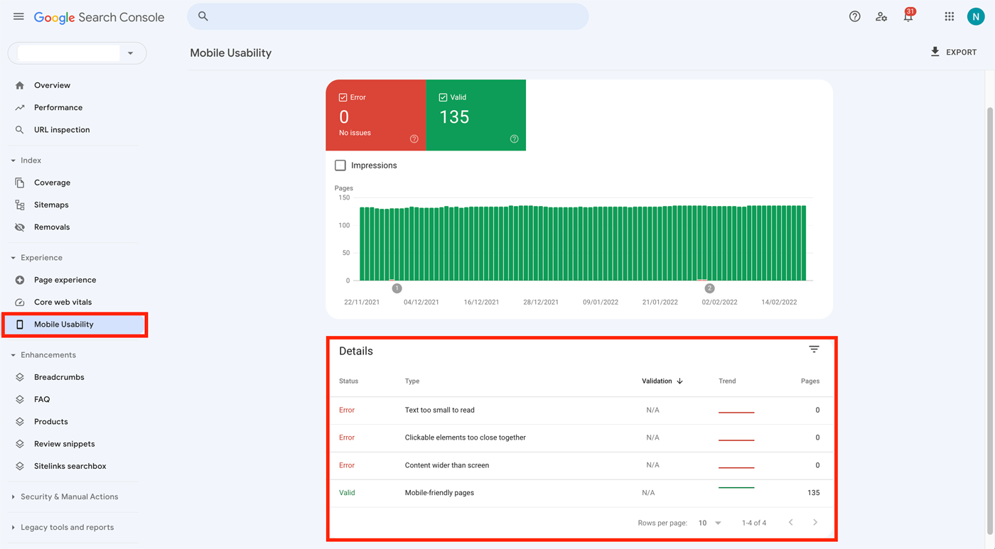 Použitelnost služby Search Console v mobilních zařízeních