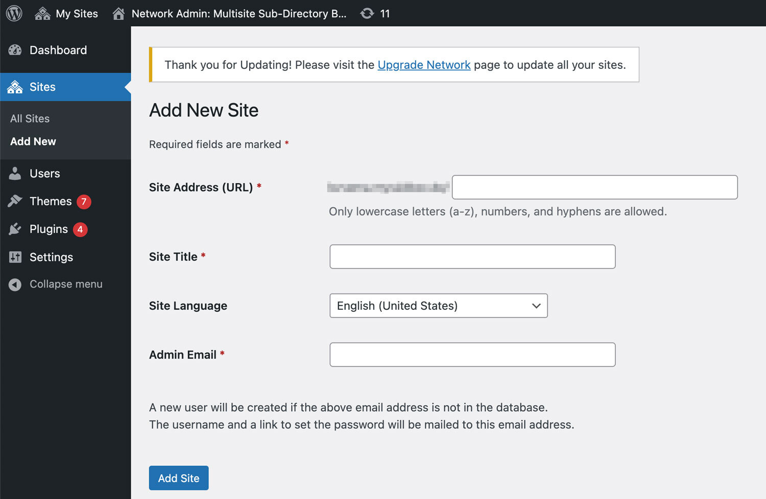 Wordpress Multisite Add New Site