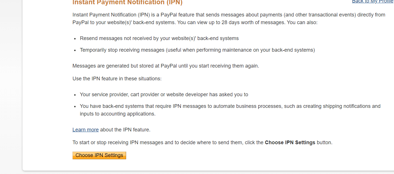 Configuración del IPN de PayPal