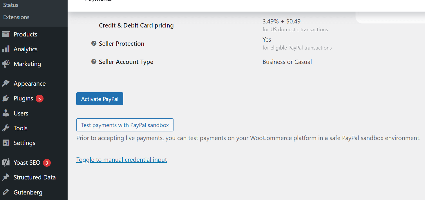 Manual credential input for PayPal in WooCommerce