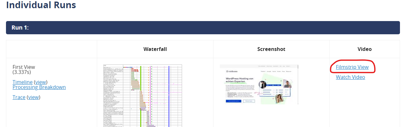 WebPageTest Widok paska filmowego