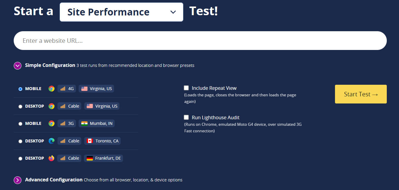 WebPageTest Test de démarrage