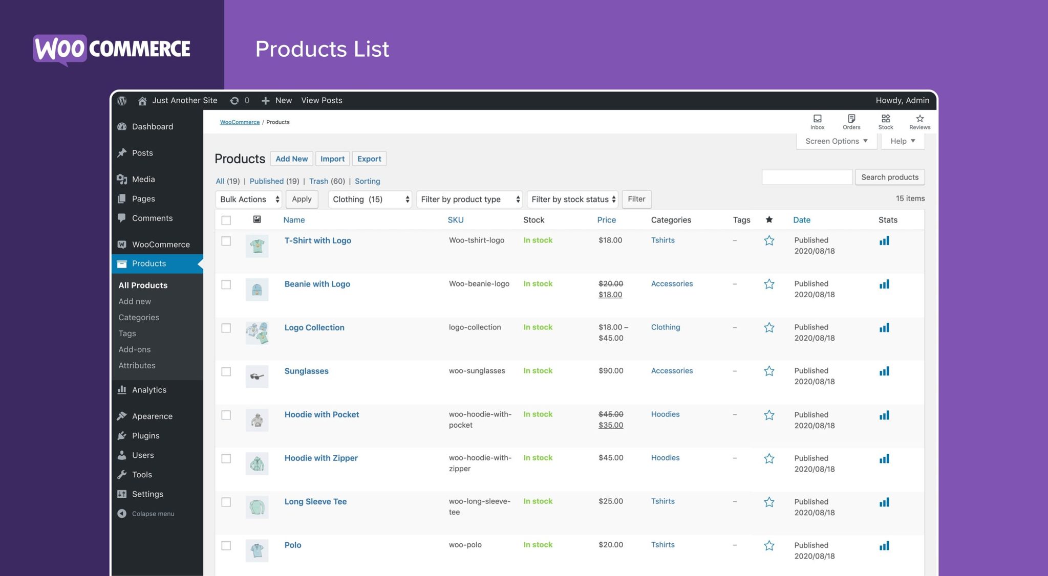 Einen Onlineshop mit WooCommerce erstellen WooCommerce Screenshot Products List