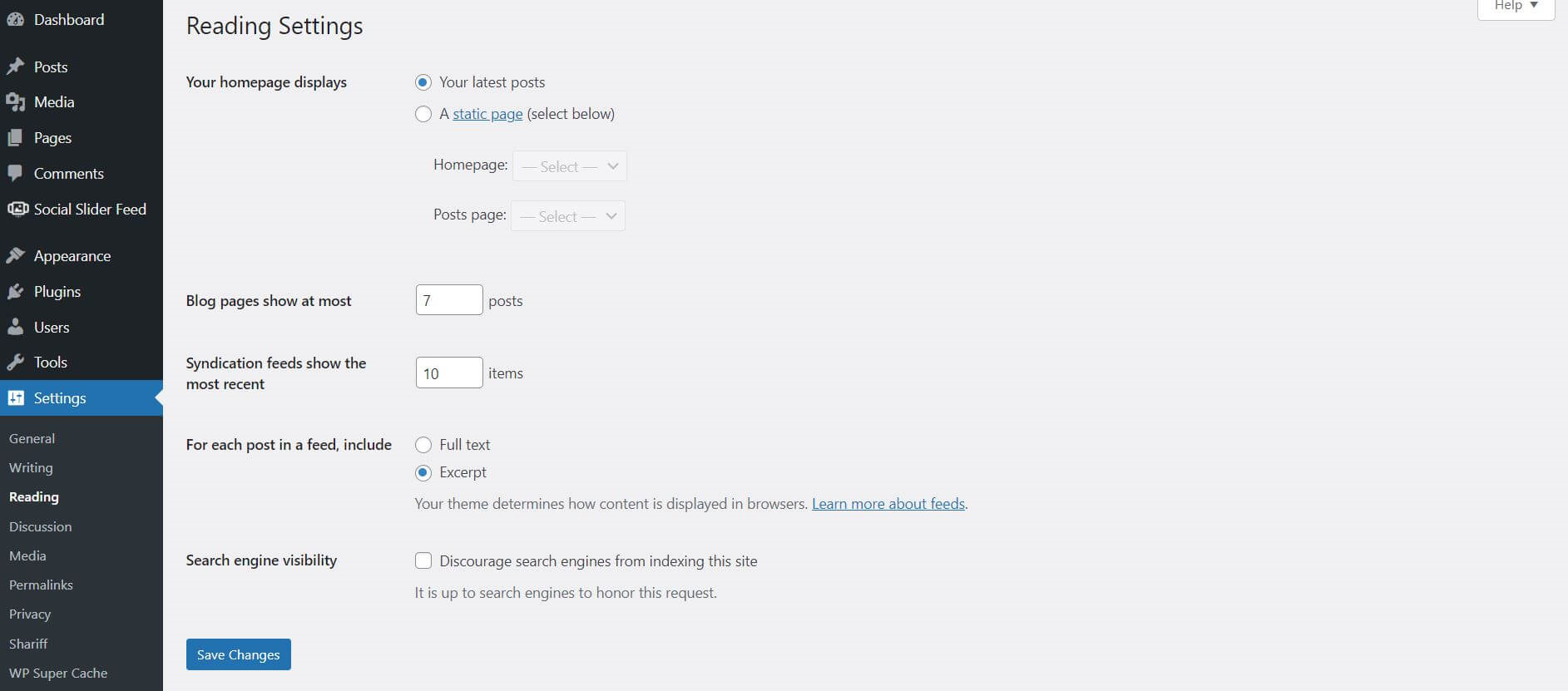 Configuración de WordPress Lectura